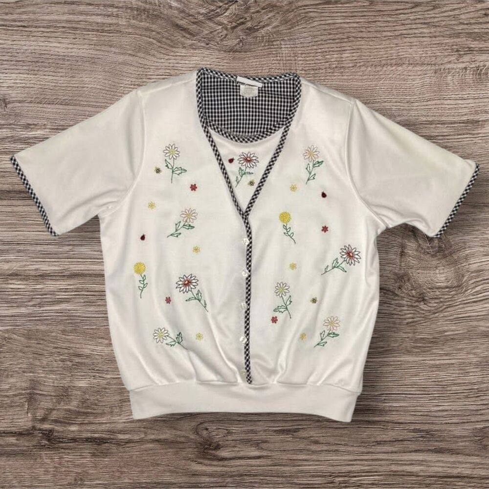 Bon Worth Vintage Shoulder Padded Embroidered Granny Core Top Size Small